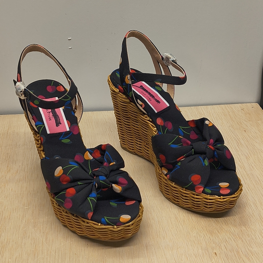 Kate Spade Wedge Sandals Multicolor Cherry Print and Woven Platform